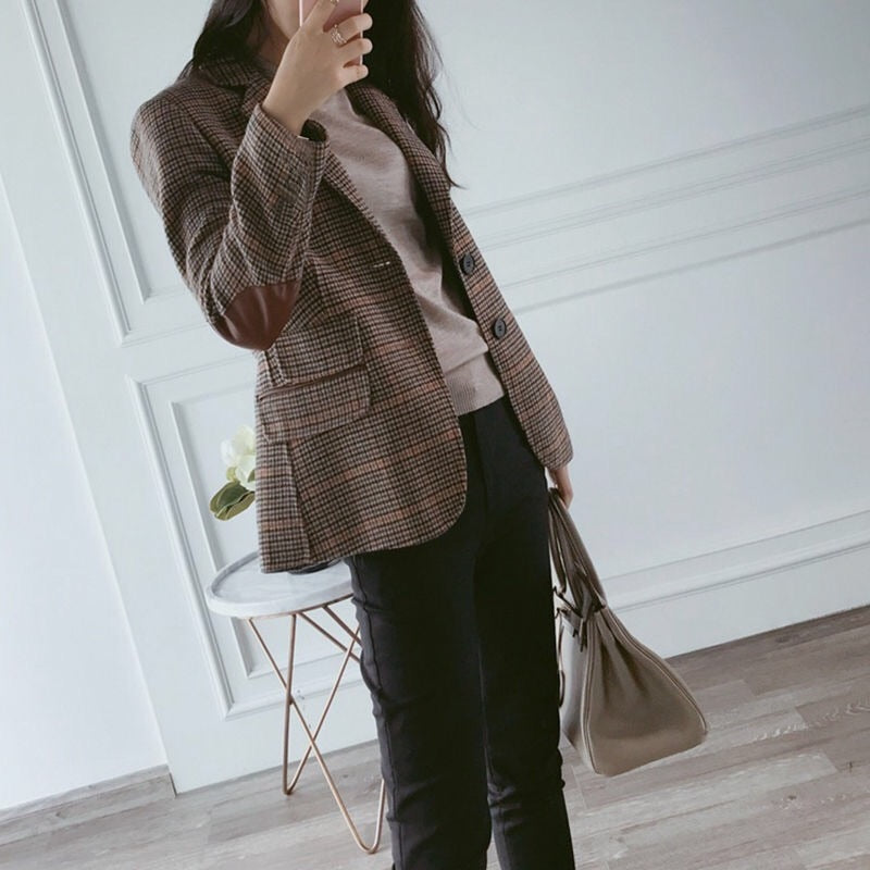 Sixsr New Fashion Business Interview Plaid Suits Women Work Office Ladies Long Sleeve Vintage Blazer