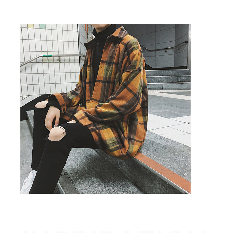 Sixsr New Fashion Men Plaid Shirt Casual Loose Wool Jacket Coat Men Long Sleeve Shirt Mens Clothing Streetwear