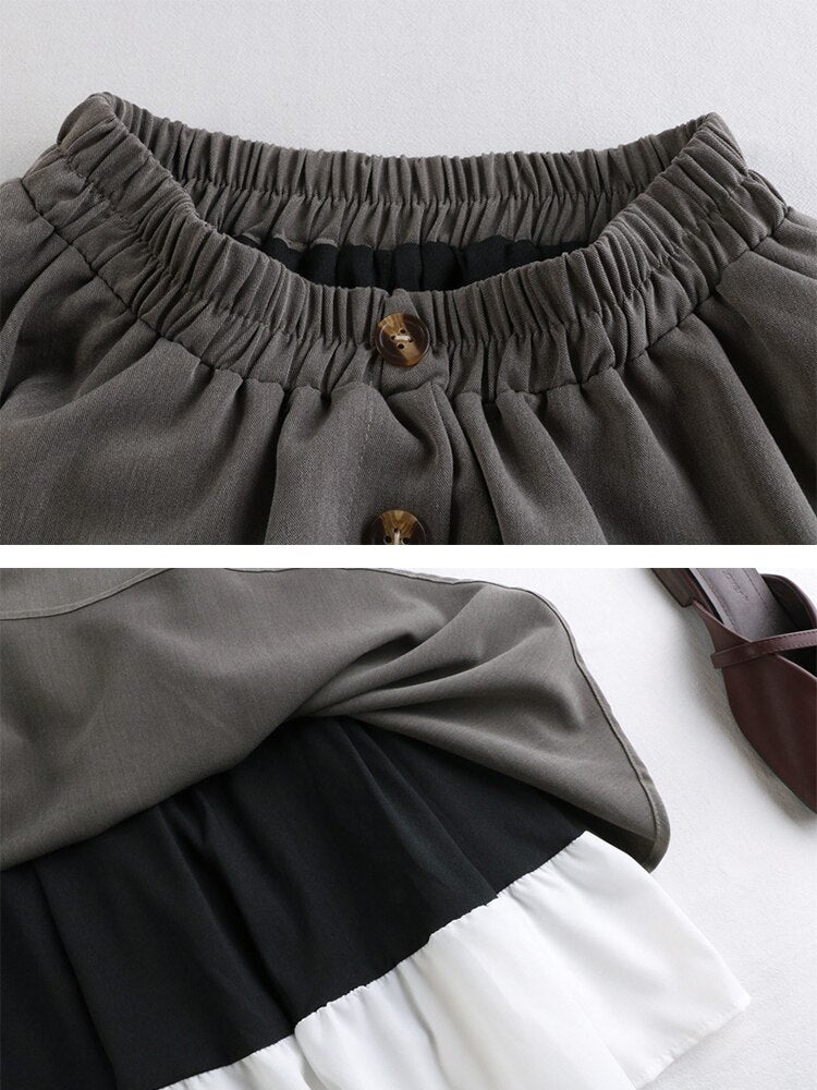 Sixsr Winter Thick Korean Style Midi Long Pleated Skirt Women White Patchwork Button High Waist A Line Skirt Female