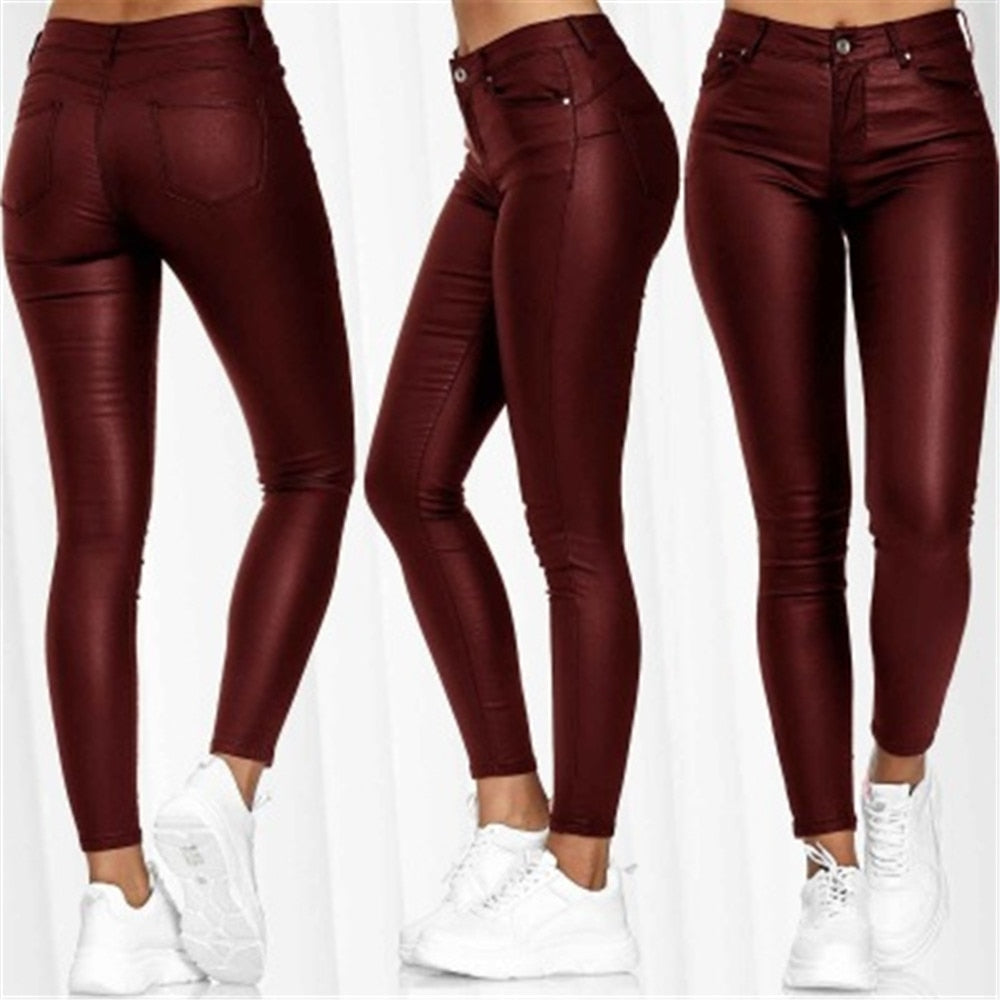 Sixsr Pure Color Leather Casual Pants Small Feet Pants Spring Women Pu Leather Pants Black Sexy Stretch Bodycon Leather Pants High Red