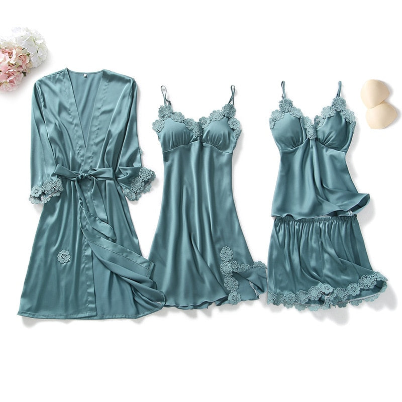 Yellow Robes Suit Autumn Women Nightgown Sets 2 Pieces Nightdress Bathrobe With Chest Pad Female Satin Kimono Bath Gown Sleepwea
