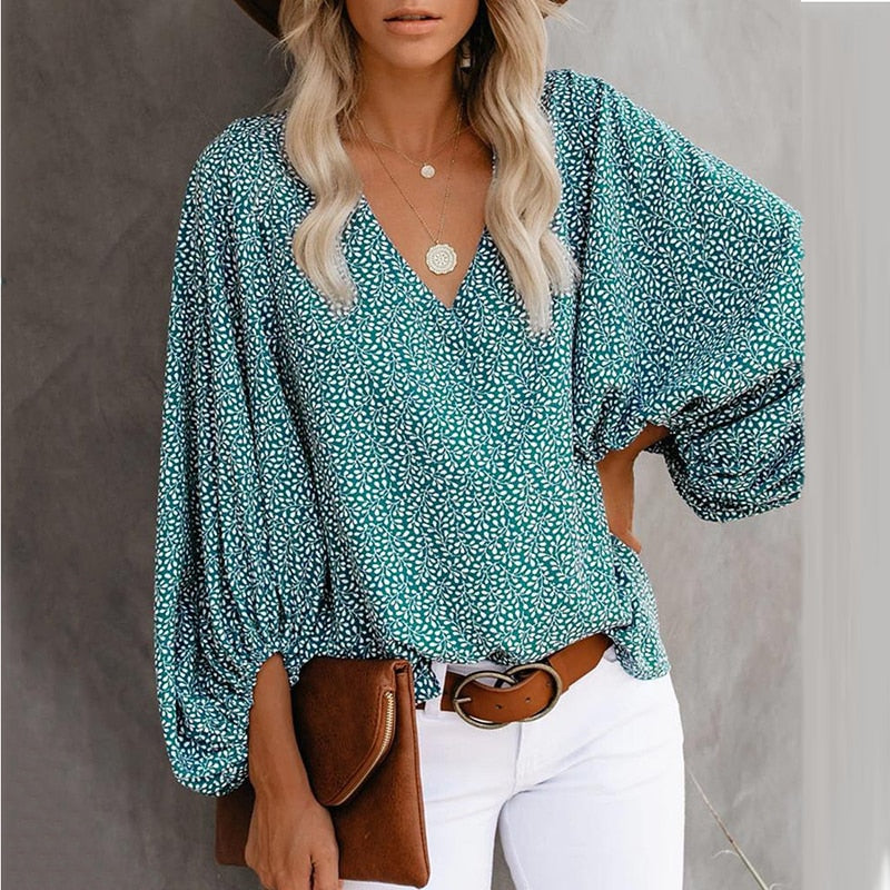sixsr Summer Outfits Female Streetwear Oversized XXXL Tops Blusa Summer V Neck Long Lantern Sleeve Blouse Casual Women Printing Loose Elegant Shirts