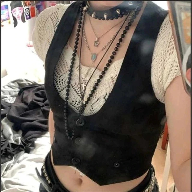 Sixsr y2k Button Corset Top Black Sleeveless Tank Tops Skinny V Neck Aesthetic Punk Crop Top Grunge Fairycore Women Vests