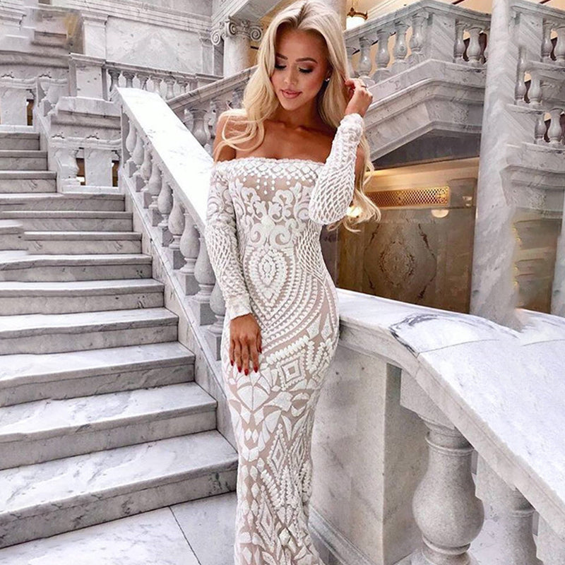 Sixsr Slash Neck Slim Lace Fishtail Dress Party Women Elegant Long Sleeve Embroidered White Dresses Woman Evening Bride Smaid Vestidos