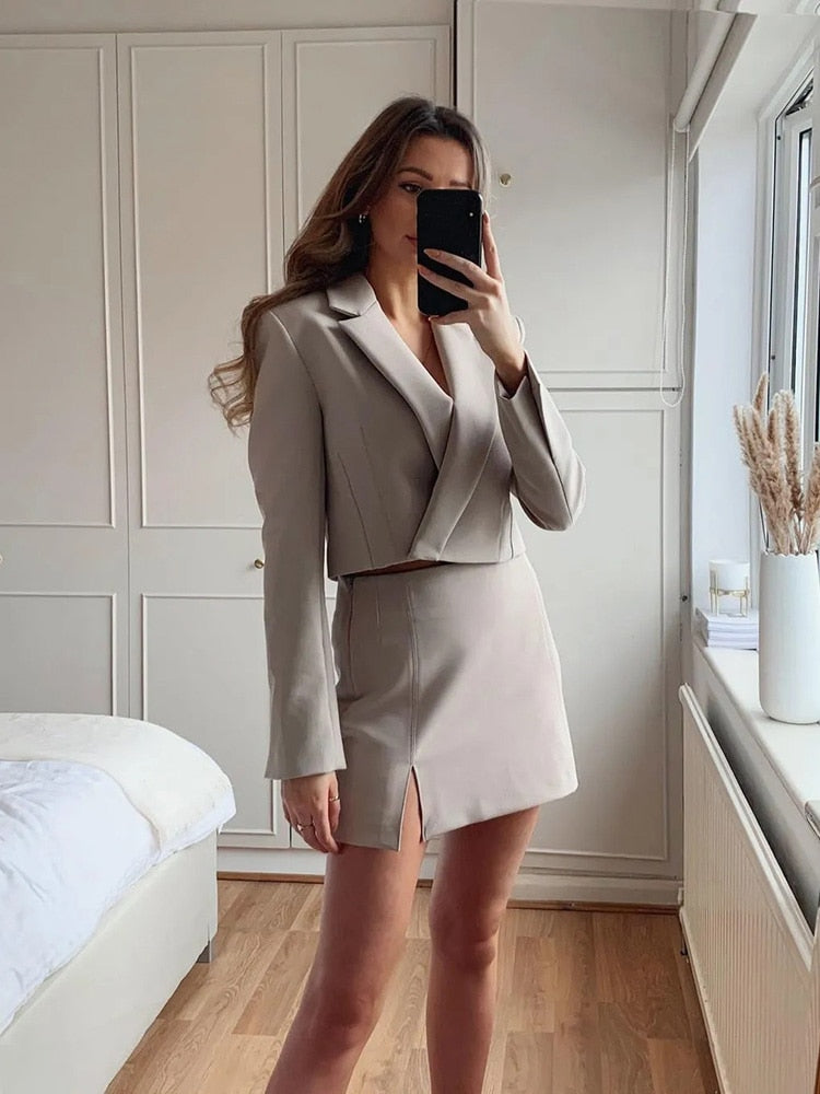 sixsr Stylish Elegant Skirt Suits Women  Fashion 2 Buttons Cropped Blazer Side Split Mini Skirts Suits Female Chic Sets