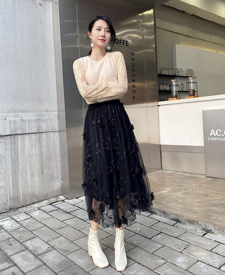 sixsr Luxury Woman Skirts Korean style Fashion Elastic Waist Appliques Embroidery Floral Mesh Skirt Long Gauze Ball Gown Skirt