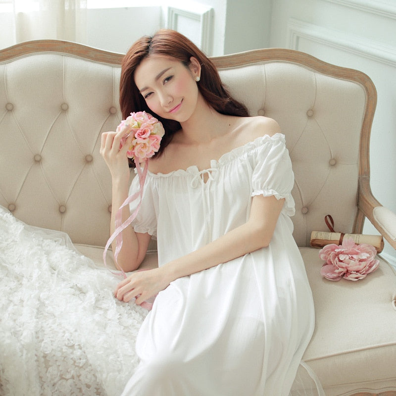 Sixsr Fashion Trends Summer Women Nightgowns White Cotton Short Sleeve Nightdress Vintage Long Sleepwear Lace Sexy Nightwear Home Night Dress