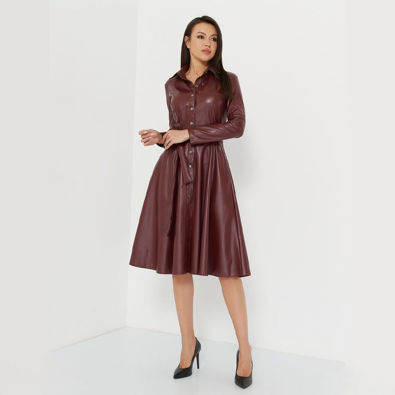 Sixsr Winter Casual Sashes Pu Leather A-Line Dresses Women Turn-down Collar Long Sleeve Solid Color Knee Dress Office Lady Wear