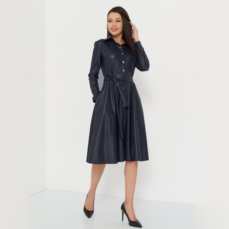 Sixsr Winter Casual Sashes Pu Leather A-Line Dresses Women Turn-down Collar Long Sleeve Solid Color Knee Dress Office Lady Wear
