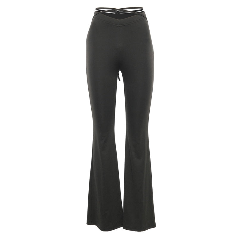 sixsr Fashion Trends Cyber Y2k Flare Pants E Girl Style Sexy Strechy Trousers Women Lace Up V Waist Low Rise Harajuku Black Pants C85-BB22