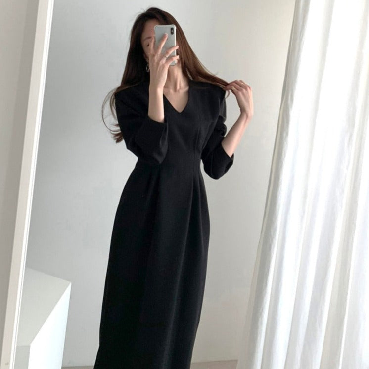Sixsr Spring Autumn Women Solid Black Elegant Office Lady V Neck Fashion Long Korea Chic Dress