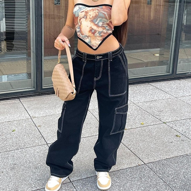 Sixsr Y2k Cargo Pants Women's Jeans New Fashion Baggy Jeans Denim Overalls 90s Low Rise Pocket Straight Leg Trousers Streetwear