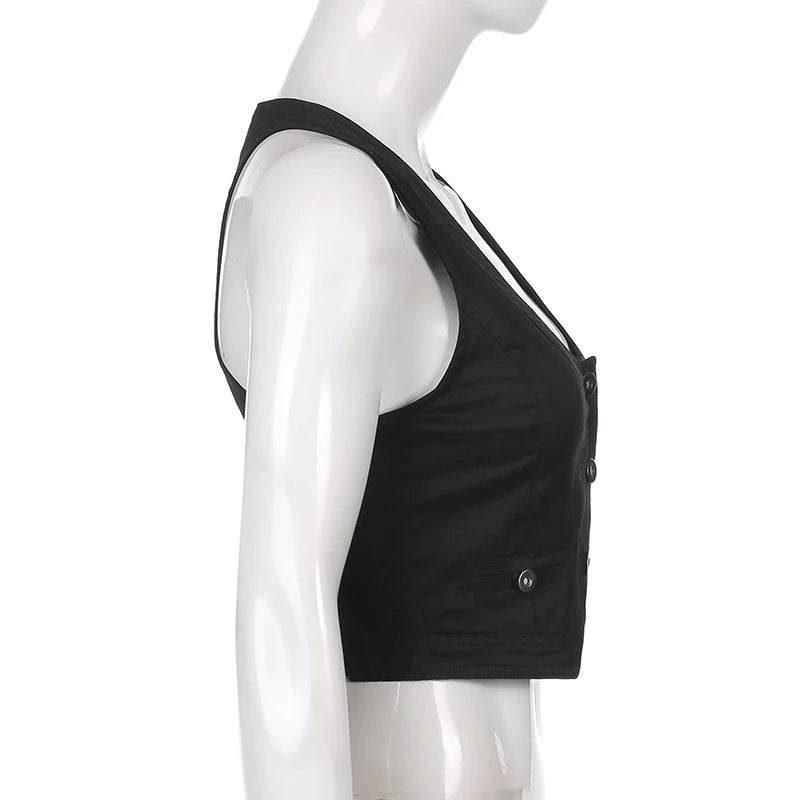 Sixsr y2k Button Corset Top Black Sleeveless Tank Tops Skinny V Neck Aesthetic Punk Crop Top Grunge Fairycore Women Vests