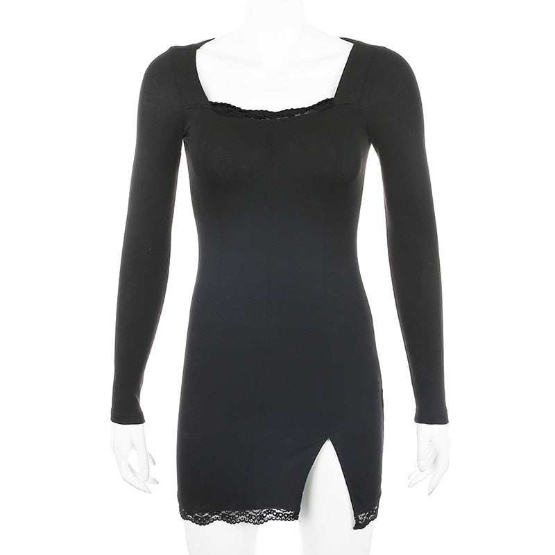 Sixsr Women Winter Dress Women New Arrivals Sexy Long Sleeve Lace Split Black White Solid Party Dresses Vestidos