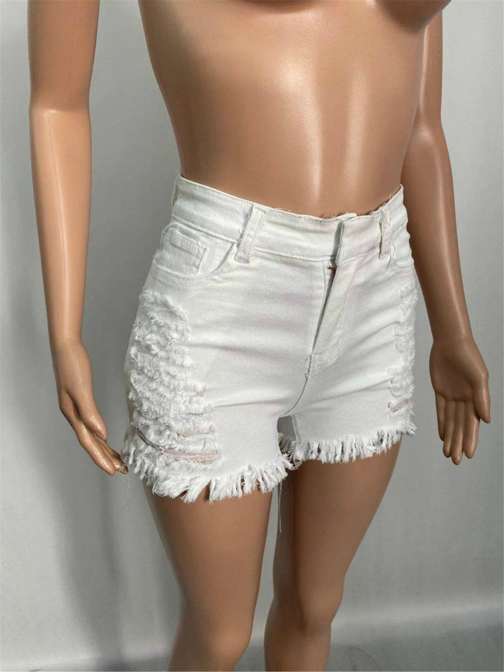 Sixsr New  Summer Ripped Hole Hollow Out Jeans For Women High Waist Sexy Tassels Cut Open Button Slim Denim Shorts Pants