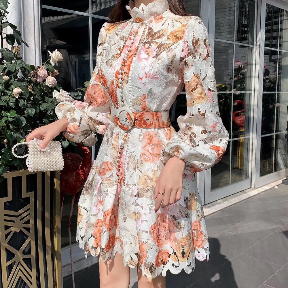 Sixsr Vintage Hollow Out Lace Floral Embroidery Dress Spring Autumn Women Stand Collar Lantern Sleeve High Waist Sashes Short Dresses