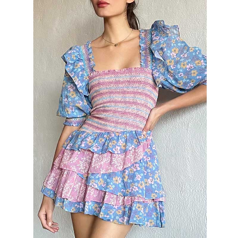 Sixsr Inspired mixed floral prints ruffled party dress puff sleeve square neck smocked sexy laides dress mini chic summer dress