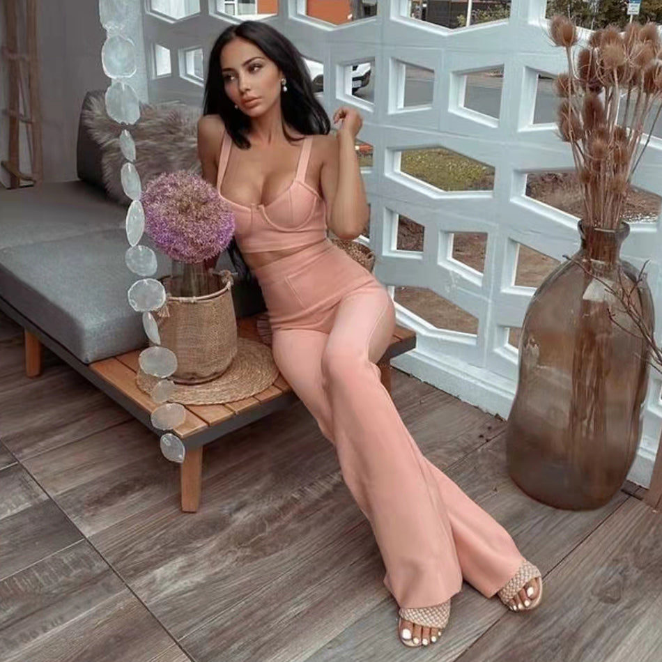 sixsr Set 2 Pieces Strap Sleeveless Bustiers And Long Bell-Bottoms Trousers Sexy Celebrity Party Sheath Vestidos Dobanmbd