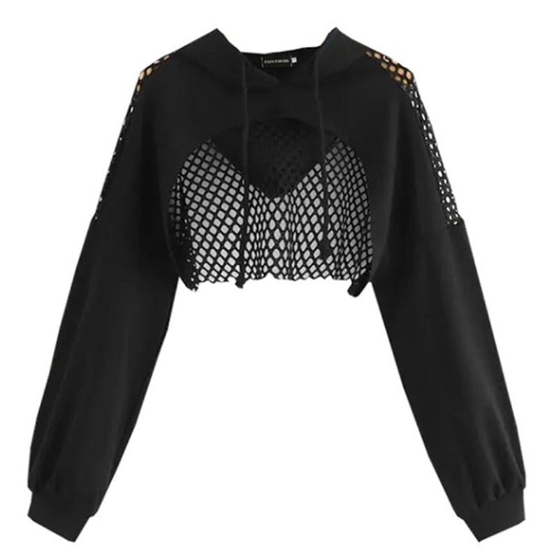 Sixsr Black Hoodies for Women Hollow Out Crop Tops Mesh Patchwork Short Sweatshirt Long Sleeve Autumn Tops and Pullovers