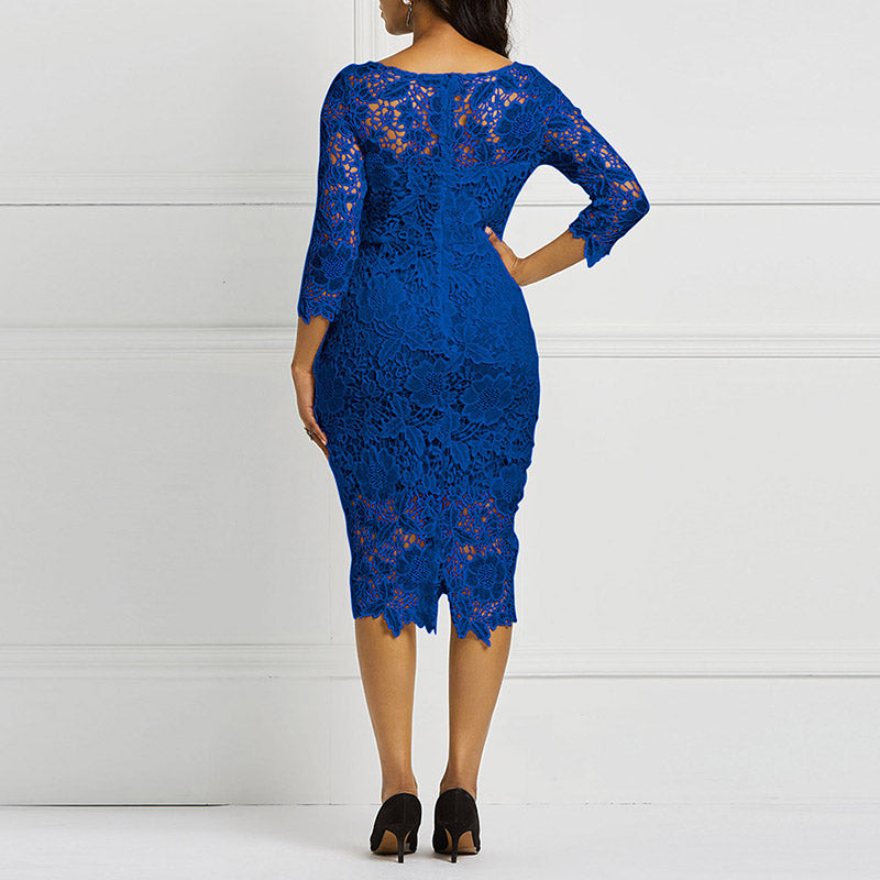 Sixsr Women Midi Dress Hot Sale Elegant Sexy OL Bodycon Floral Hollow Lace Female Fashion Evening Party Chic Sheath Ladies Dresses