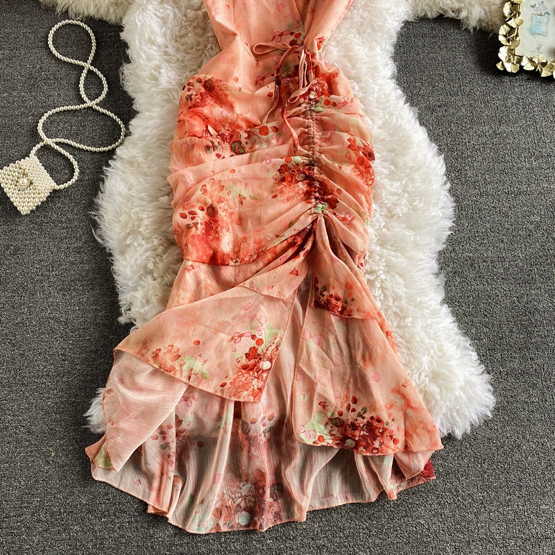 Vintage V-Neck Printed Chiffon Drawstring Mermaid Midi Dress Women Elegant High Waist Ruffle Vestidos Fashion Spring Summer