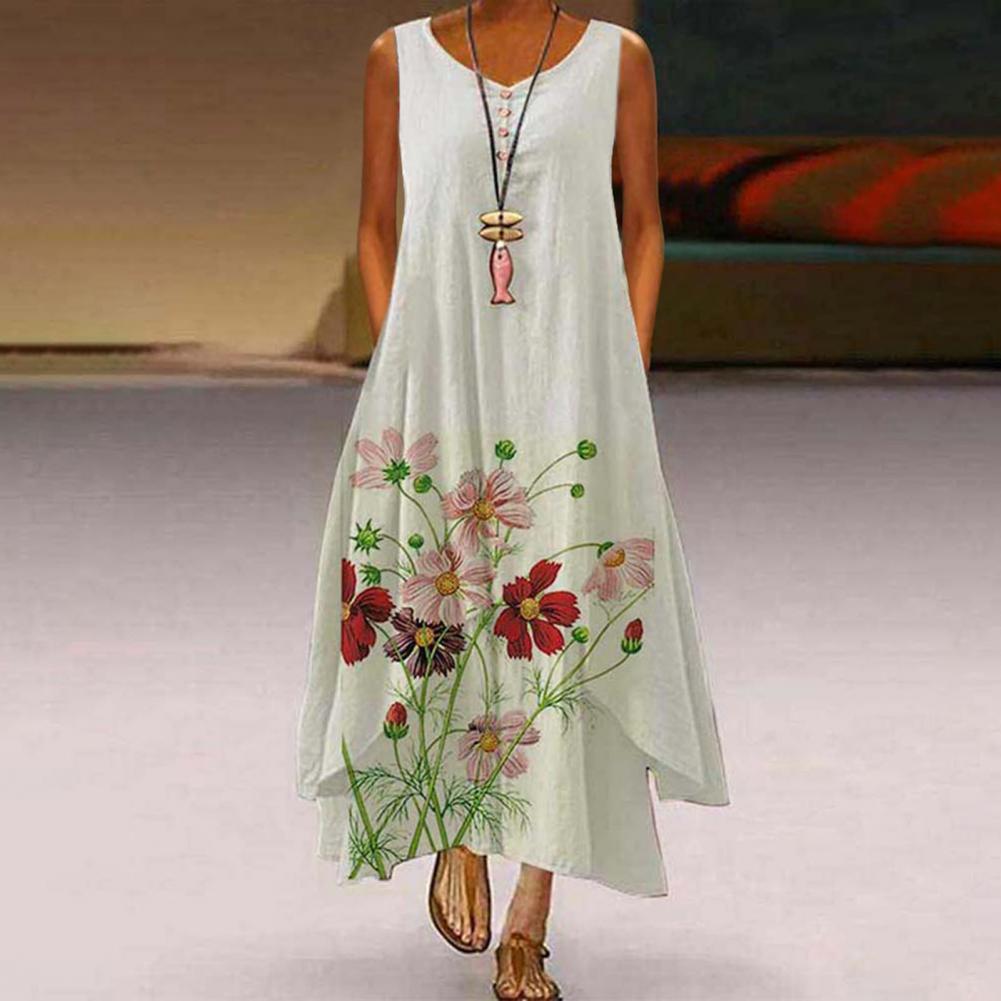 Sixsr Summer Dress Plus Size Floral Print Irregular Hem Women Buttons Round Neck Dress Women's Clothing Sleeveless Beach Maxi Dresses