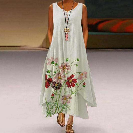 Sixsr Summer Dress Plus Size Floral Print Irregular Hem Women Buttons Round Neck Dress Women's Clothing Sleeveless Beach Maxi Dresses