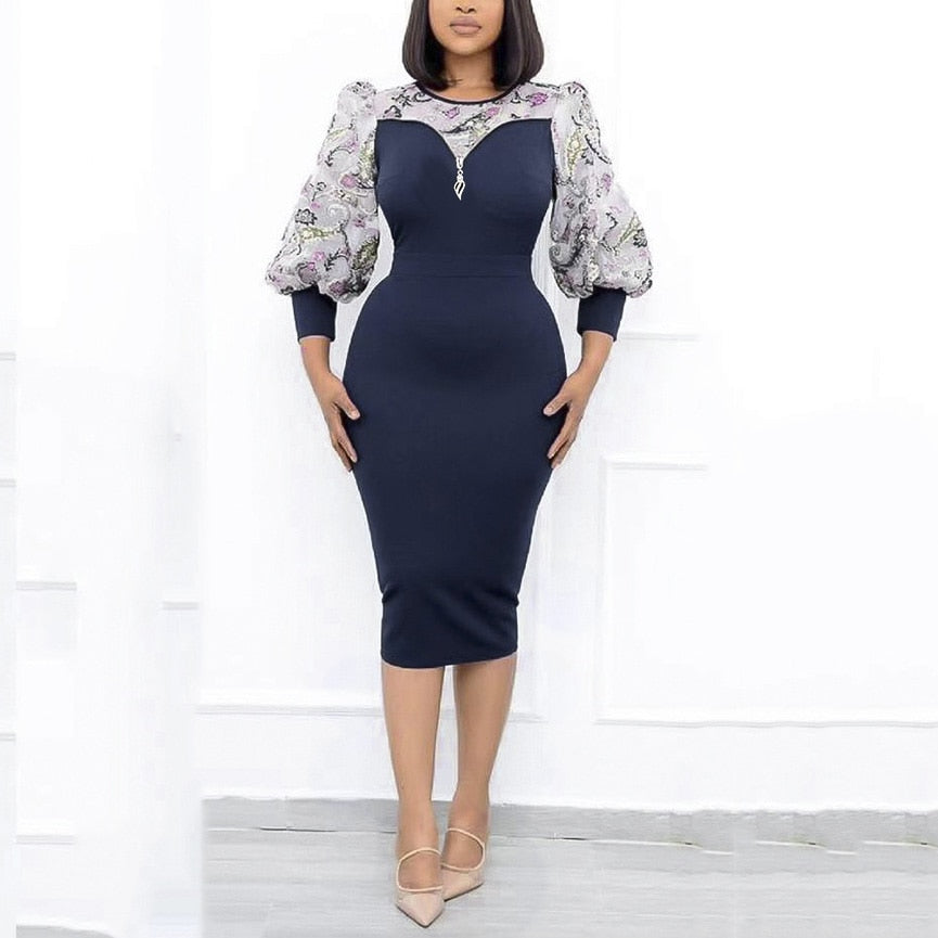 Sixsr African Fashion Women Dresses Office Style Dot Patchwork Bow High Waist Bodycon Mid Calf Elegant Business Work Wear Vestidos New