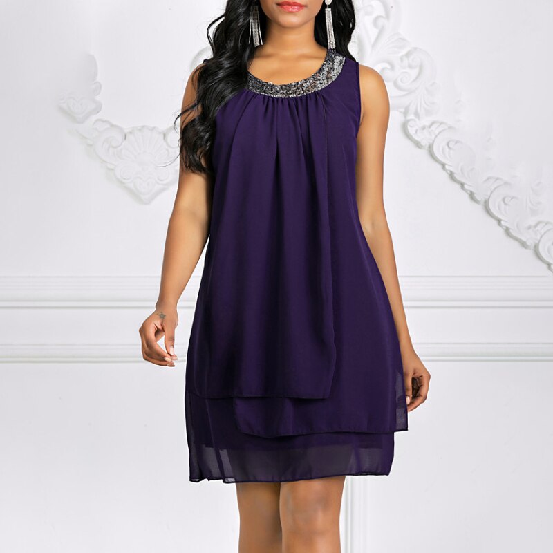 Sixsr Women's Shift Dress Knee Length Dress Sleeveless Solid Color Layered Spring & Summer Plus Size Hot Black Purple Navy Blue