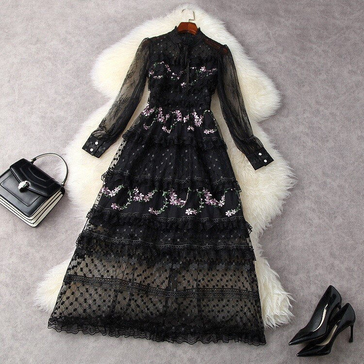 sixsr Spring Outfits Designer Runway Party Evening Midi Long Dresses For Women Ruffles Embroidery Floral Elegant Traf Chic Ladies Vestidos Femme Robe