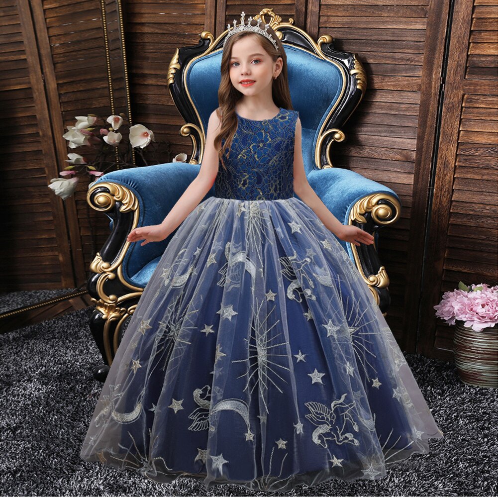 sixsr Summer Kids Princess Dress Girls Flower Embroidery Dress For Girls Vintage Wedding Party Formal Ball Gown Children Clothing