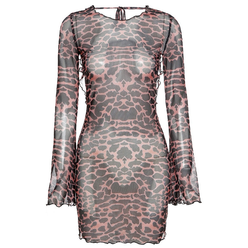 Sixsr Summer Dresses For Women Leopard Print Backless Dress Women Long Sleeve Mesh Dress Spring Halter Transparent Sexy Club Dress Vestidos