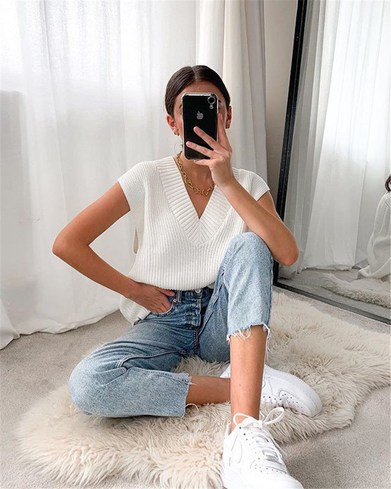 Sixsr Women V Neck Sweater Vest Korean Preppy Style Solid Knitted Sleeveless Sweater Female Autumn Winter Casual Loose Pullover Jumper