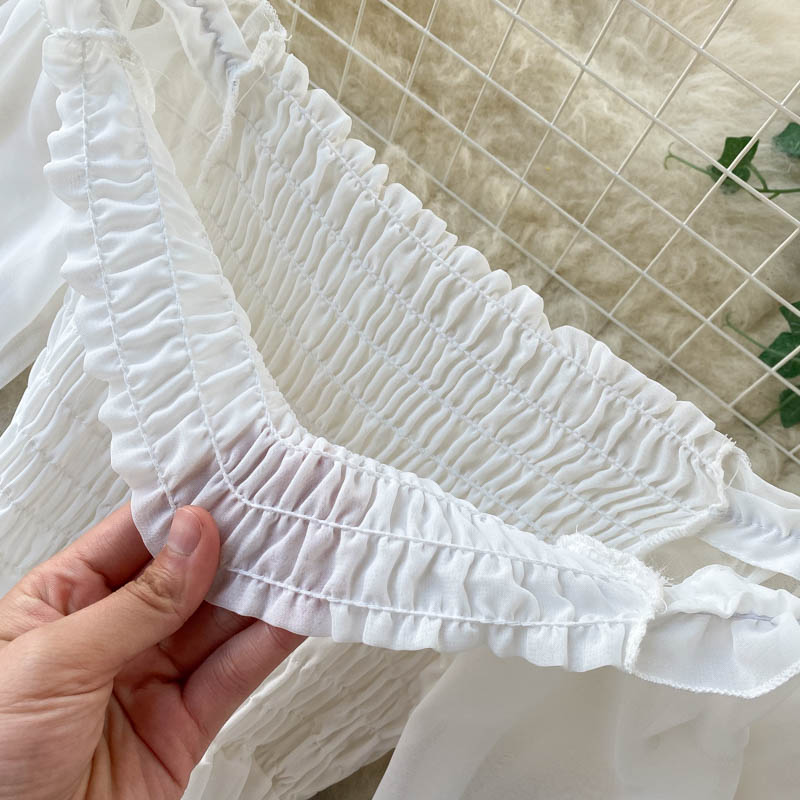 Sixsr New Spring Autumn Dresses for Women Women Elegant Holiday Dresses Puff Sleeve Slash Neck Off Shoulder Smocked White Chiffon Dresses