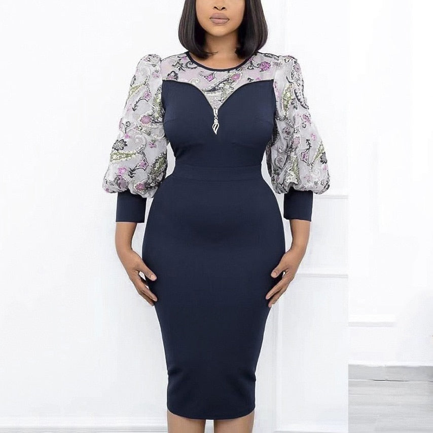 Sixsr African Fashion Women Dresses Office Style Dot Patchwork Bow High Waist Bodycon Mid Calf Elegant Business Work Wear Vestidos New