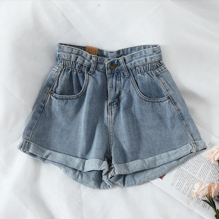 sixsr New Summer High Waist Denim Shorts Women Casual Loose Ladies Fashion Plus Size Elastic Waist Wide Leg Short Jeans Female