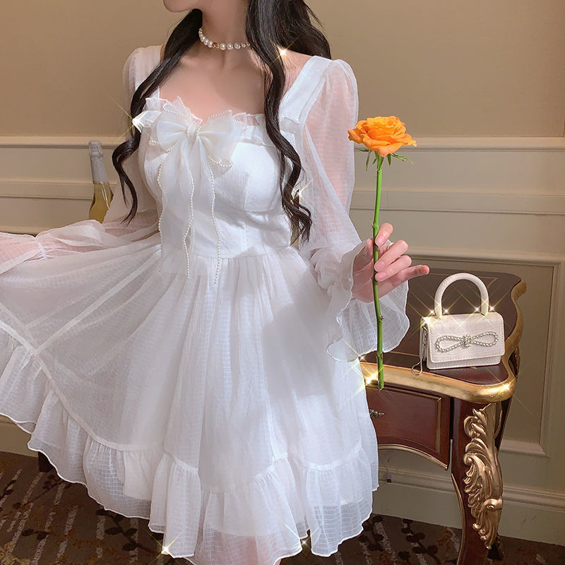 French Sweet Fairy Lolita Dress Women Long Sleeve Lace Y2k Mini Dress Vintage Kawaii Clothes One Piece Dress Korean Autumn