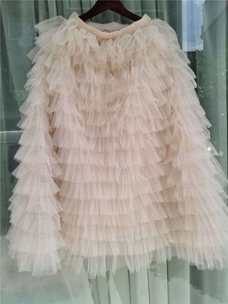 sixsr jupe femme ete Spring Party Skirt Elastic High Waist Long Tulle Skirt Women Multilayer ruffles Pink Mesh Tutu Skirt Ladies