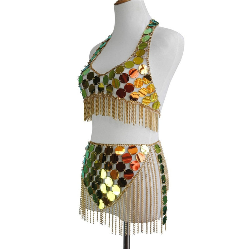 Sixsr Trends Fashion Gradient Color Shiny Sequins Dots Two Piece Set Low Cut Backless Sleeveless Crop Tops Tassel Mini Skirt Sexy Beach Outfits