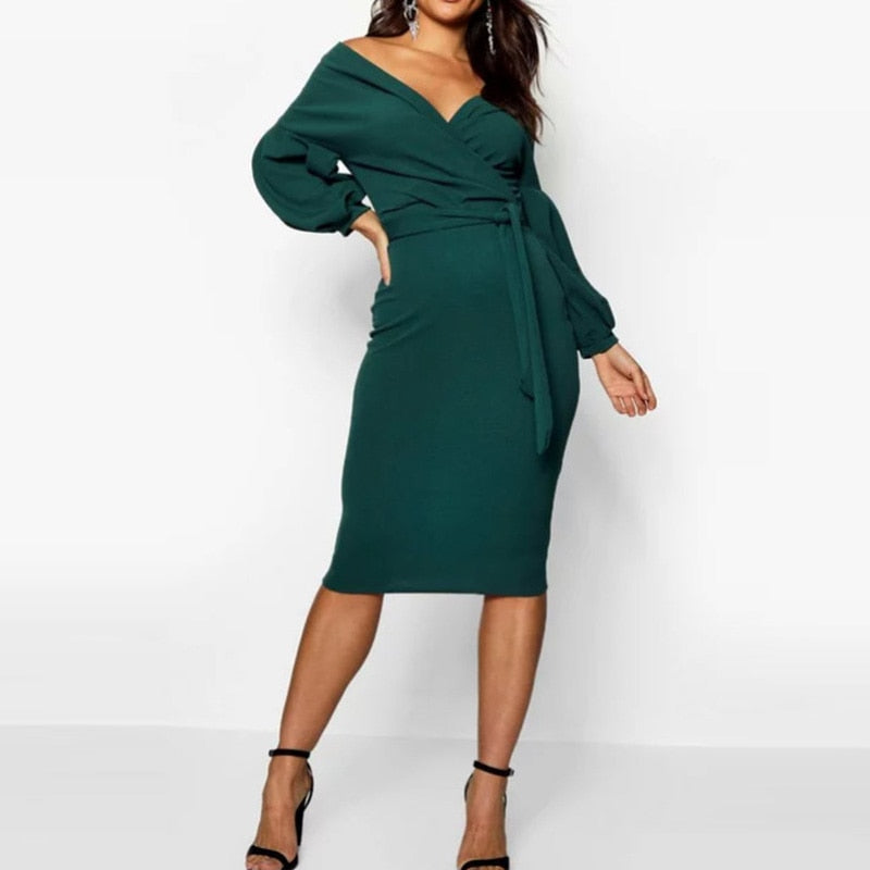 Sixsr Spring Sexy Deep V Neck Ladies Bodycon Dress Elegant Women Solid Lantern Sleeve Sashes Party Dress Casual Female Vestidos