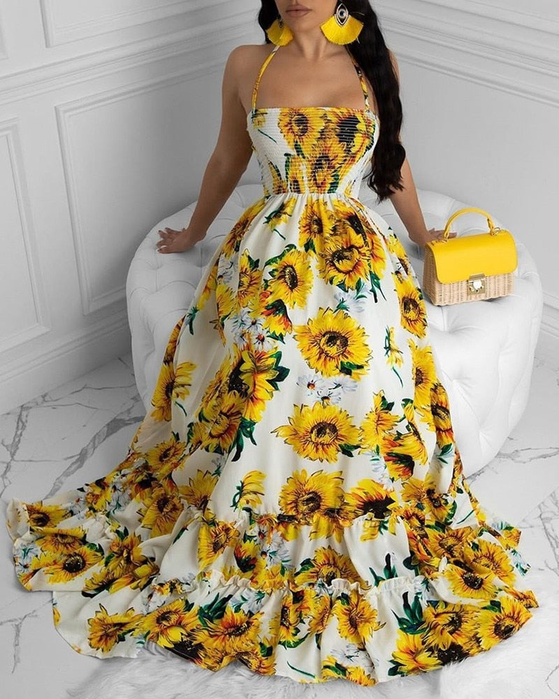 Sixsr Women Sexy Open Back Sunflower Print Bandage Boho Maxi Dress Summer Beach Holiday Halter Sleeveless Long Dress