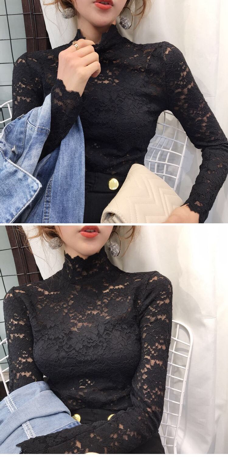 Sixsr gifts for women Plus Size Women Lace Blouses Shirts Sexy Hollow Out Long Sleeve Solid Blouse Lady Elegant Floral Embroidery Elastic Shirt Tops
