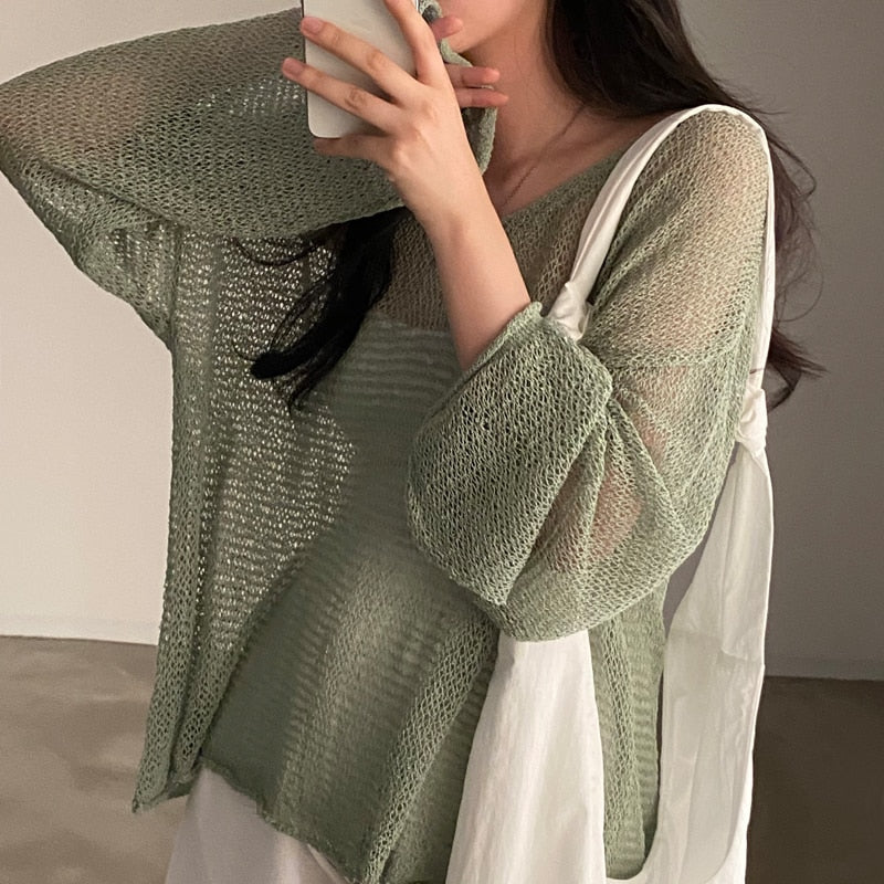 Sixsr Lazy Style Full Sleeves Jumpers Tops Hollow Out Sexy Women Fashion Casual Streetwear Chic Femme Sweaters Pullovers