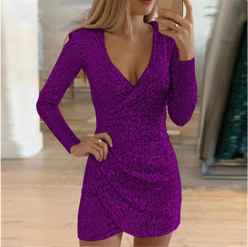 Sixsr New Sexy Women Dress Sequins Glitter Women V-neck Long Sleeve Self Cultivation Dresses Elegant Ladies Party Dress