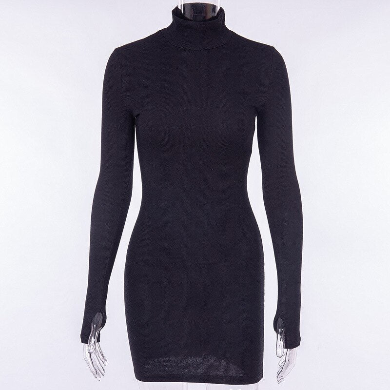 Sixsr Autumn Long Sleeve Bottom Dress for Women High Collar Temperament Solid Color Dress Bodycon Mini Dresses Female Harajuku