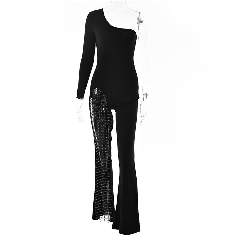 Patchwork Diamond Fishnet Bodycon Women Jumpsuit Black One Shoulder Long Sleeve Jumpsuit Lady Sexy Evening Party Clothes