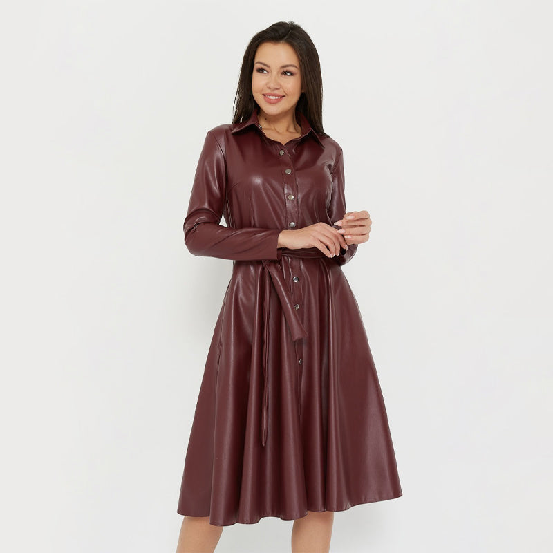 Sixsr Winter Casual Sashes Pu Leather A-Line Dresses Women Turn-down Collar Long Sleeve Solid Color Knee Dress Office Lady Wear