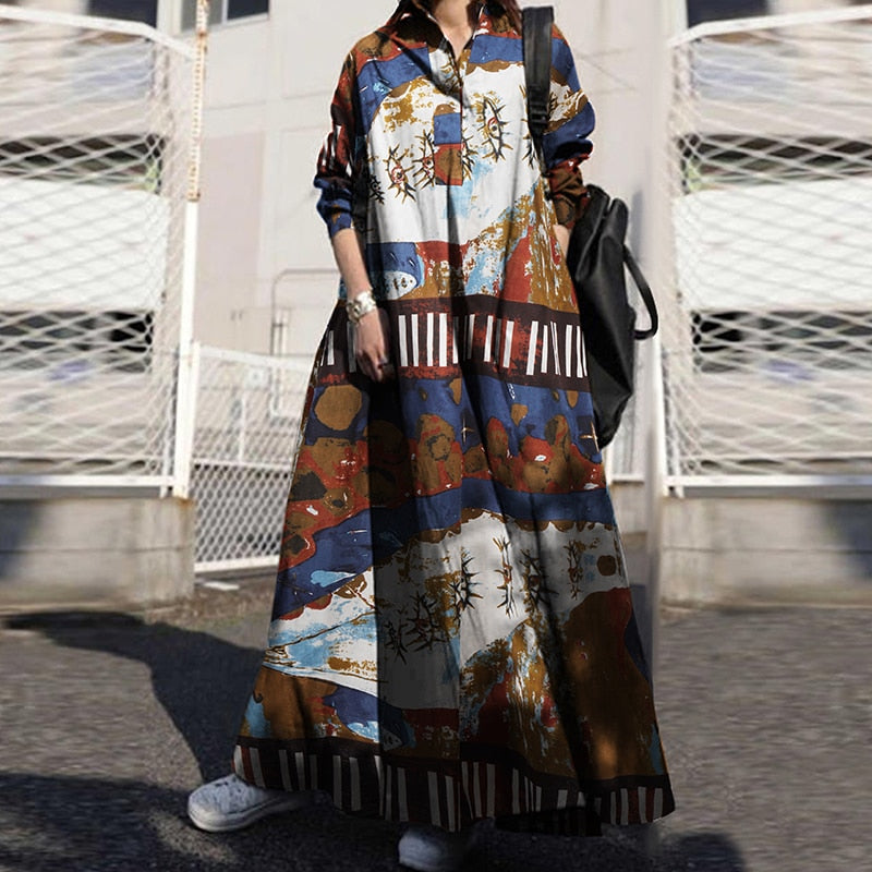 Sixsr Summer Stylish Women Vintage Long Sleeve Loose Sundress Casual Long Maxi Dress Kaftan Femme Solid Party Vestido Robe