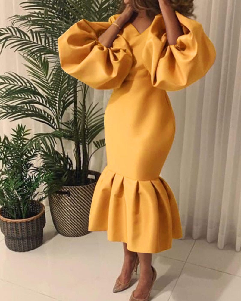Sixsr Women Party Dress V Neck Long Puff Sleeves Bodycon Sexy Event Occasion African Female Fashion Autumn Spring Robes Vestidos New