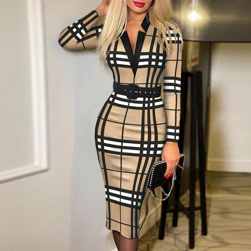 Sixsr Trends Fashion Vintage Women Pattern Print Office Dresses Spring Autumn V-neck Long Sleeve Slim Bodycon Midi Dress Elegant Ladies Belt Vestidos
